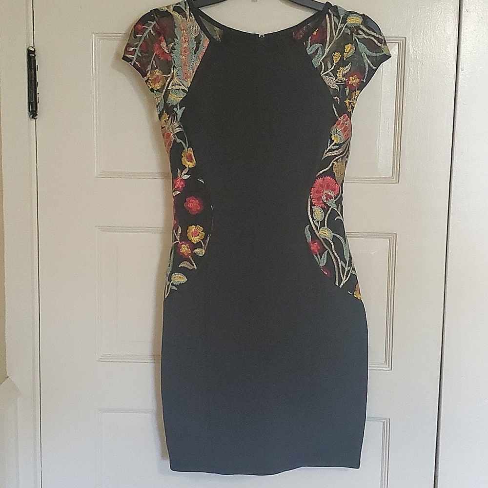 BCX black bodycon dress with flower embroidery